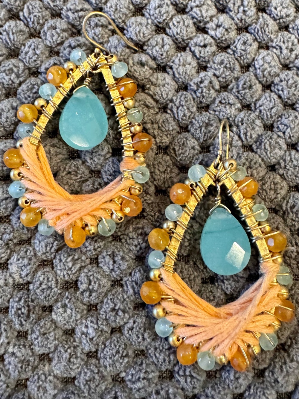 Anthropologie Gold Teardrop Earrings with Aqua and Peach Accents